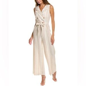 NANETTE LEPORE Maxine Linen-blend striped double breasted jumpsuit white Size 12